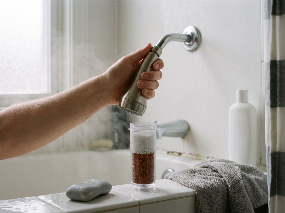 A hand screwing a brushed steel shower head onto the arm in a steamy tiled bathroom, a clear cartridge of white and copper granules standing on the tub edge beside a bar of soap and a towel.