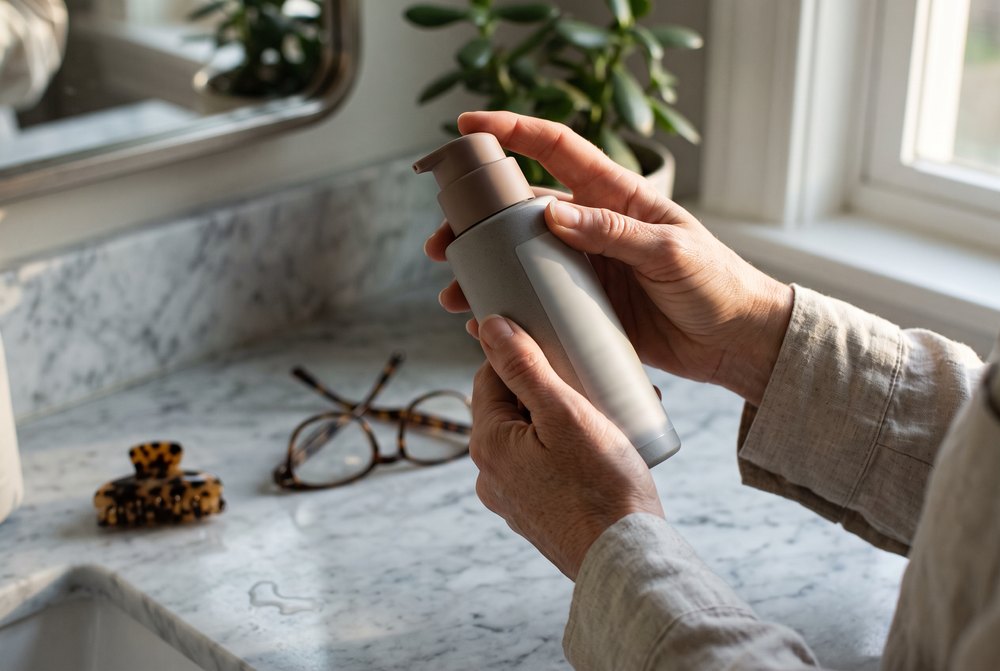Two hands at a bathroom counter turning a stone-grey pump bottle around to read its back, reading glasses and a hair clip on the marble, morning light from the window.