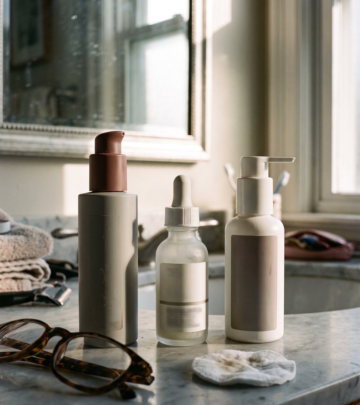 Three serum bottles with blank labels standing on a marble bathroom counter by a mirror and window, reading glasses and a cotton pad beside them.