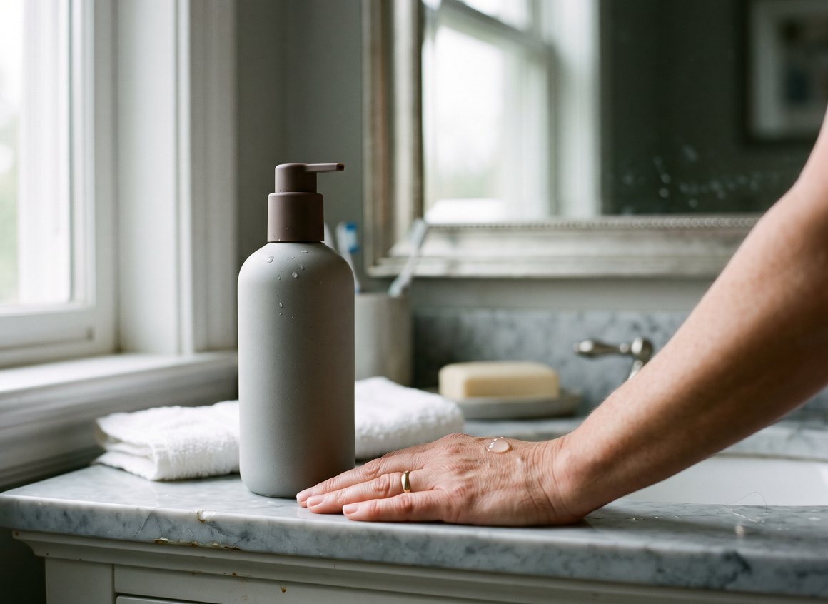 A stone-grey airless pump bottle on a marble counter by a window, a hand resting beside it with a drop of serum on the back, a bar of soap behind.