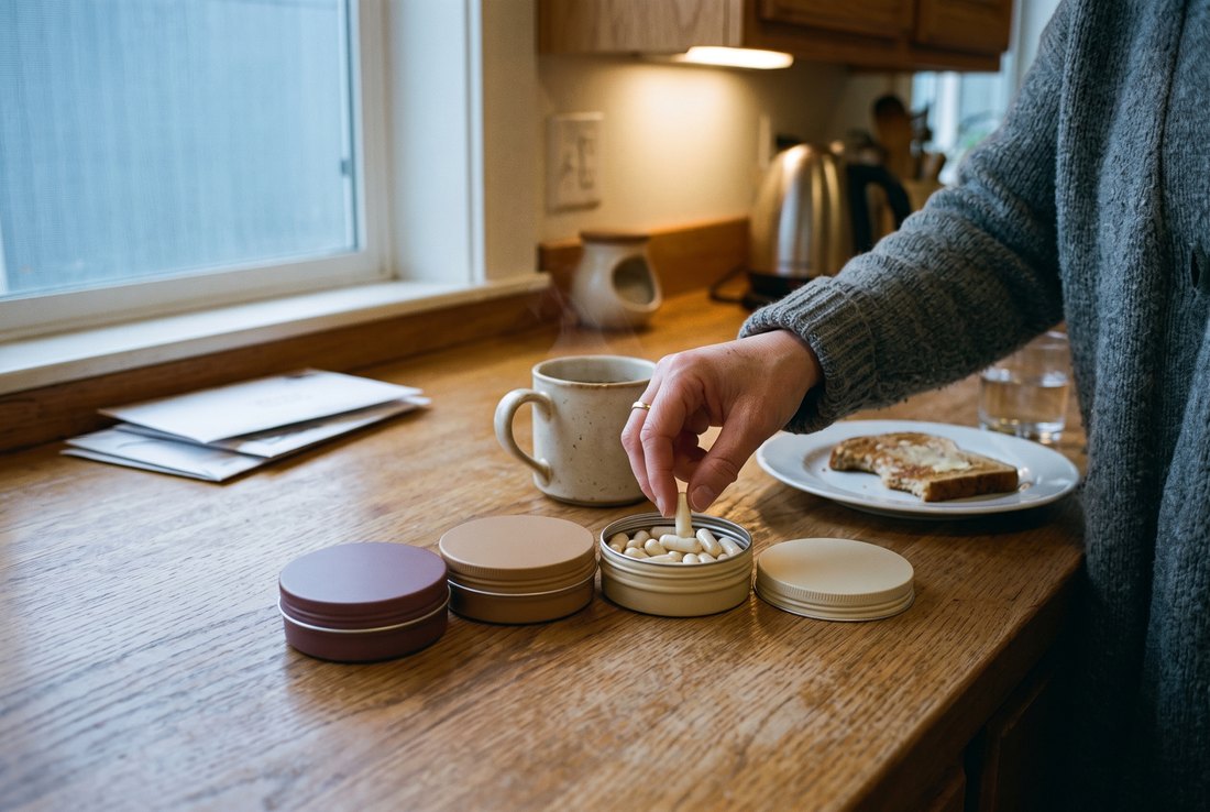 A kitchen counter at breakfast: three round metal tins with plum, sand and cream lids, a hand taking one capsule from the open middle tin, a steaming mug and a plate of toast beside them.
