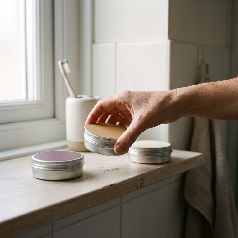 Three shallow round tins with plum, sand and cream lids on a wooden bathroom shelf, a hand lifting only the middle one.