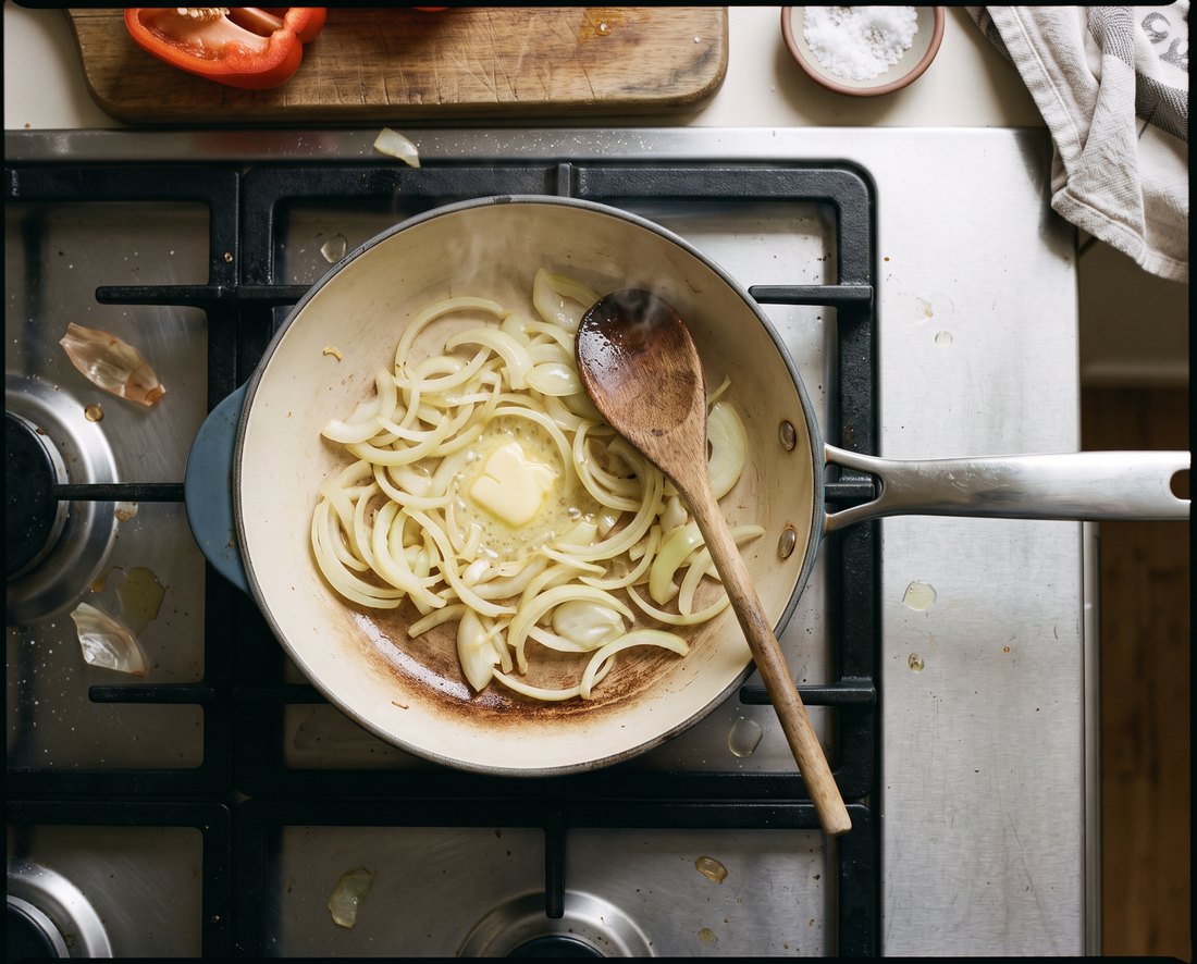 A skillet seen from straight above on a gas hob, onions softening in butter on its cream cooking surface, a wooden spoon resting on the rim.