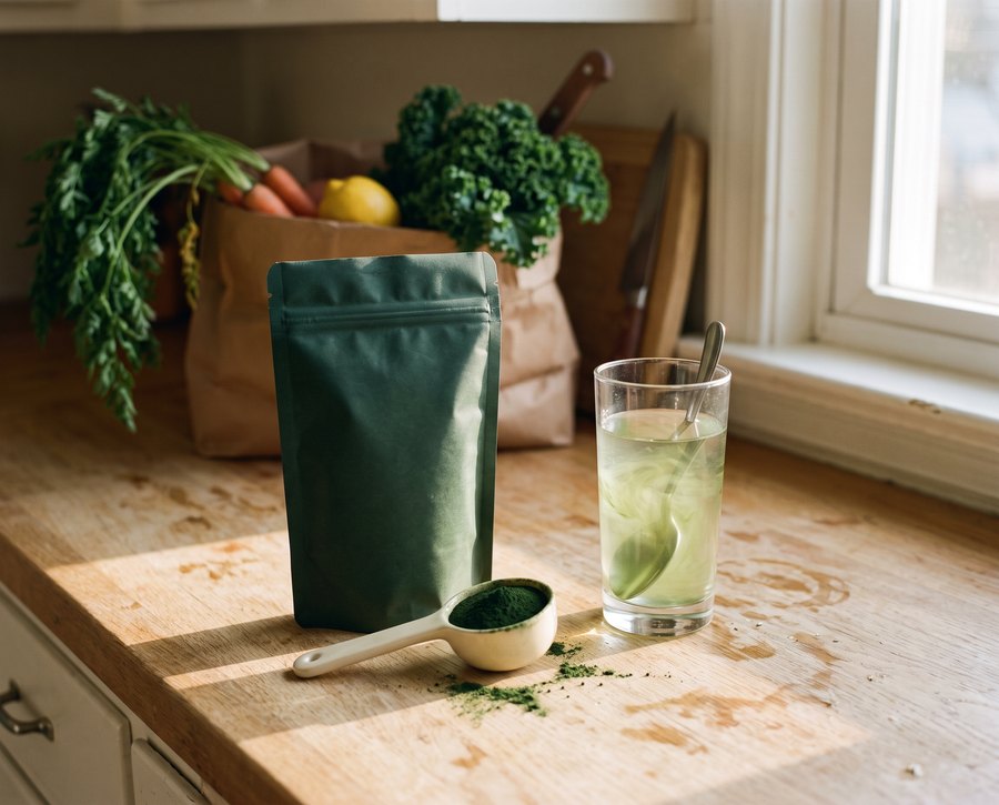 A dark green stand-up pouch on a sunlit kitchen counter next to a glass of green drink and a cream scoop of powder, a grocery bag with kale, carrots and a lemon behind it.