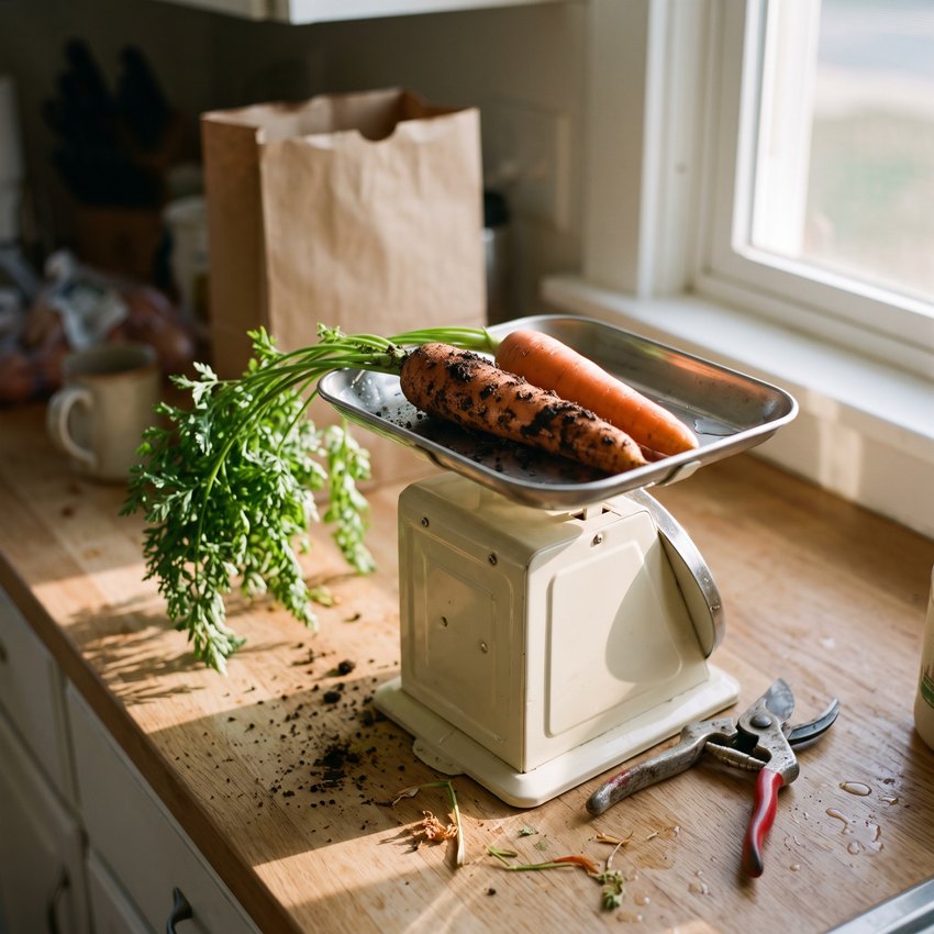 Two carrots of the same size on an old cream dial kitchen scale by a window, one with soil and leafy tops and one washed and topped, the dial face turned away.
