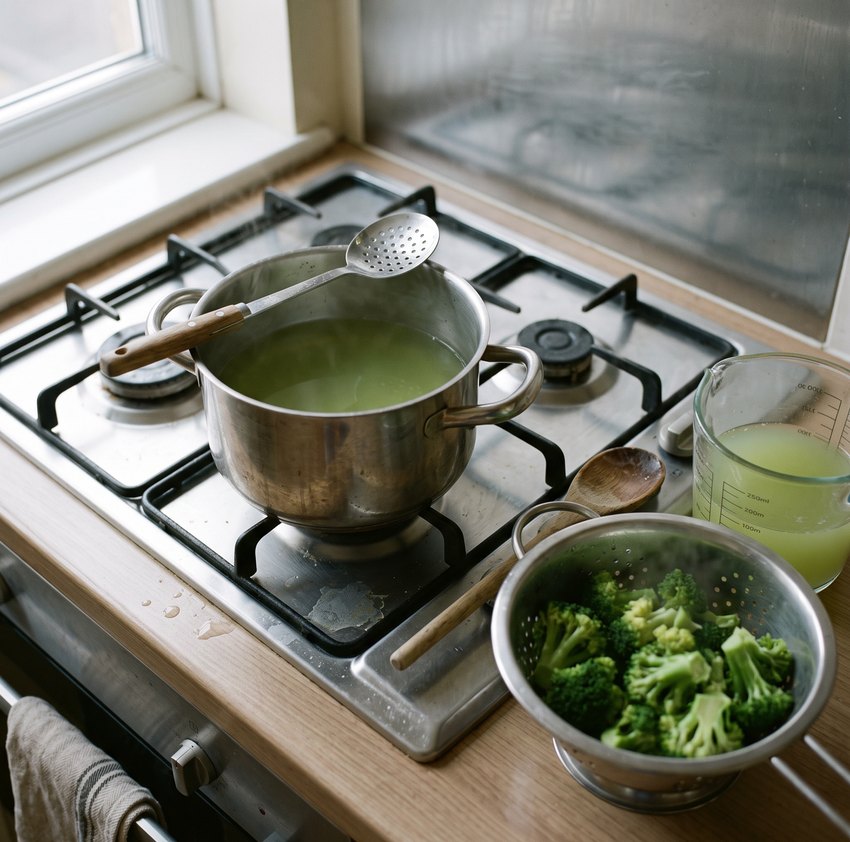 Looking down at a steel pot on a hob with pale green cooking water, a slotted spoon across the rim, drained broccoli in a colander and a measuring jug of the green water beside it.