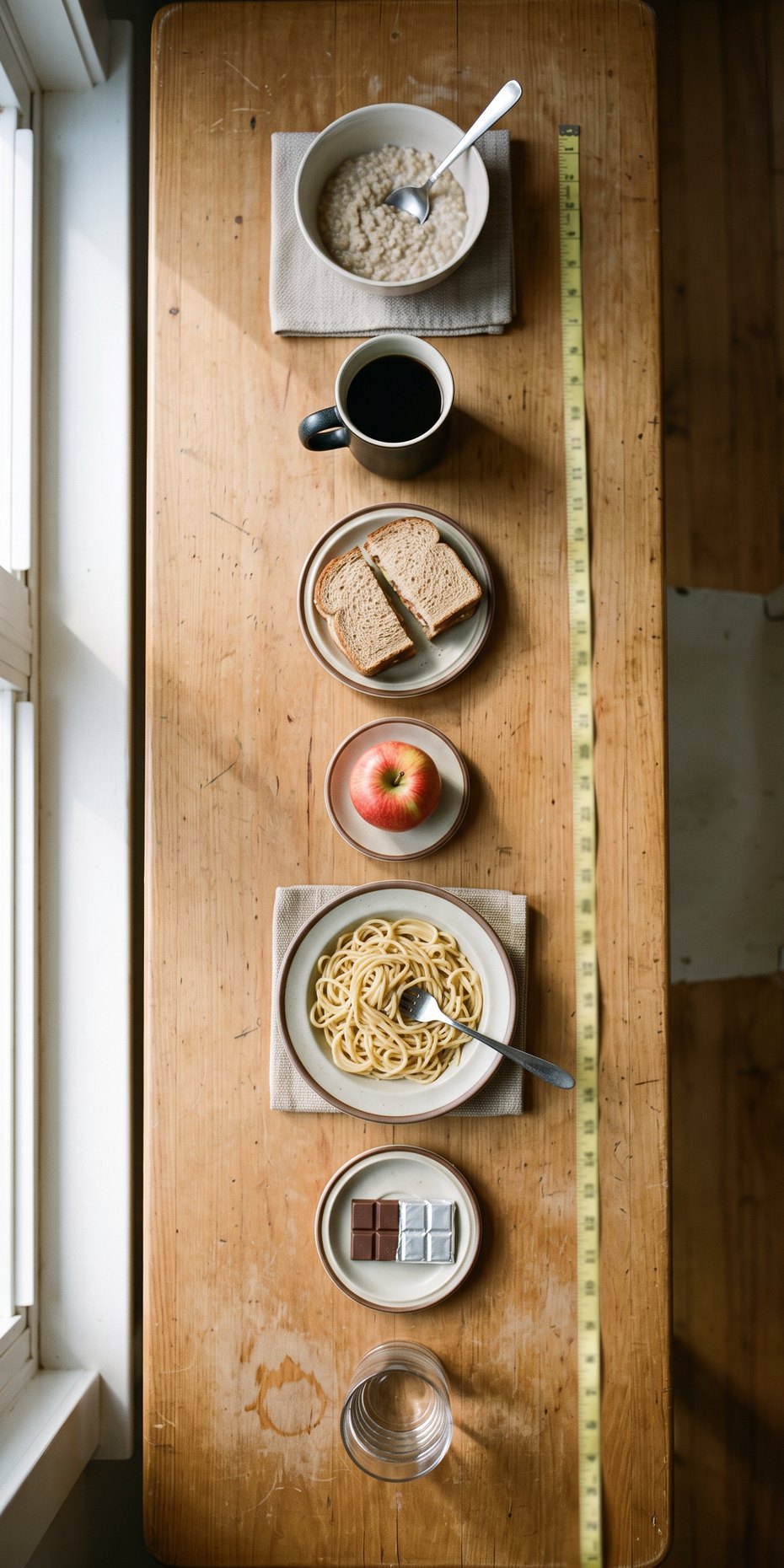 A tall view straight down a long wooden table: a bowl of porridge, a mug of coffee, a sandwich, an apple, a plate of pasta, a bar of chocolate and a glass of water laid out top to bottom, a tape measure running alongside.