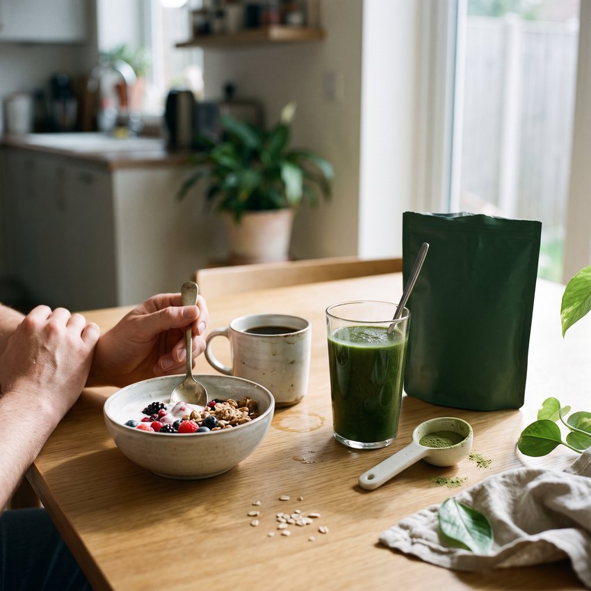A breakfast table: a hand holding a spoon in a bowl of yoghurt, berries and granola, a mug of coffee, a tall glass of green drink and a cream scoop with a trace of powder.