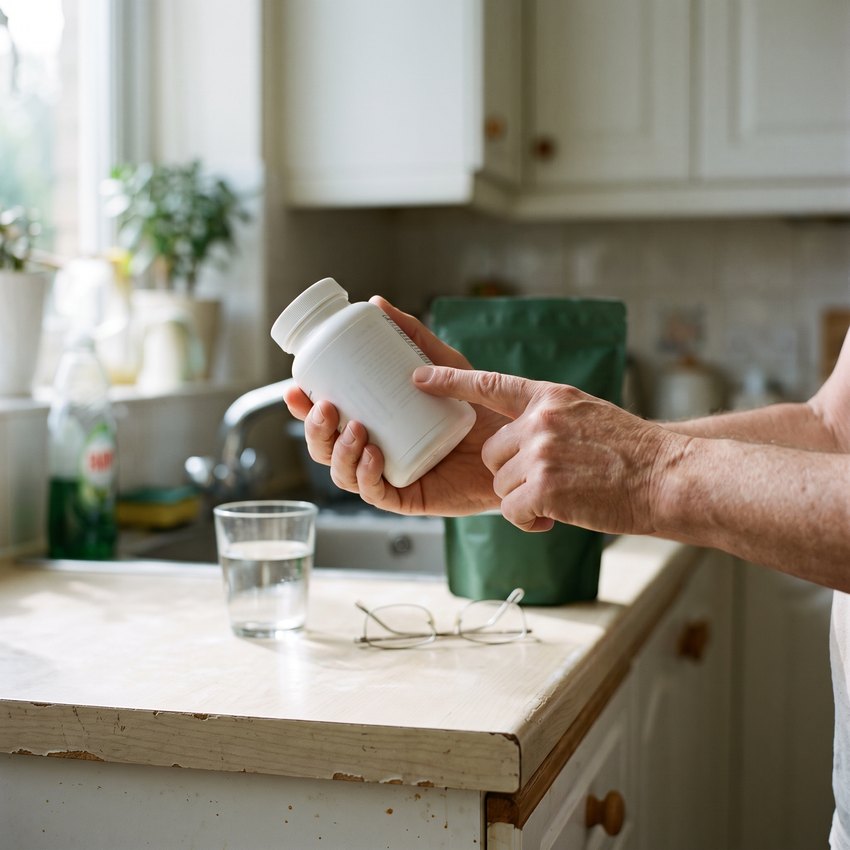 A hand in a kitchen holding a plain white supplement bottle turned to its back, a finger running down the label, reading glasses and a glass of water on the counter.