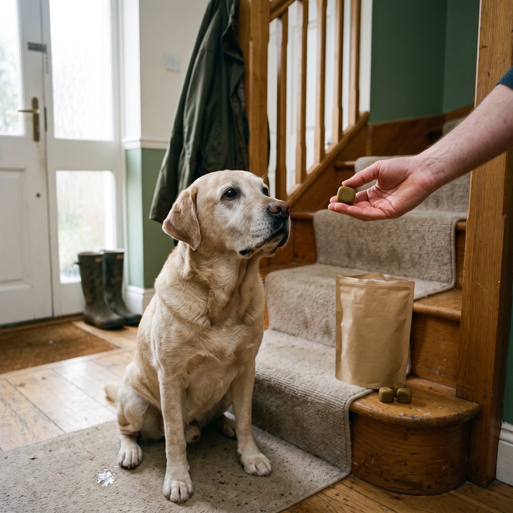 An old yellow labrador with a grey muzzle sitting at the bottom of the stairs in a hallway, looking up at a hand holding out one soft chew, a plain paper bag of chews on the bottom step.