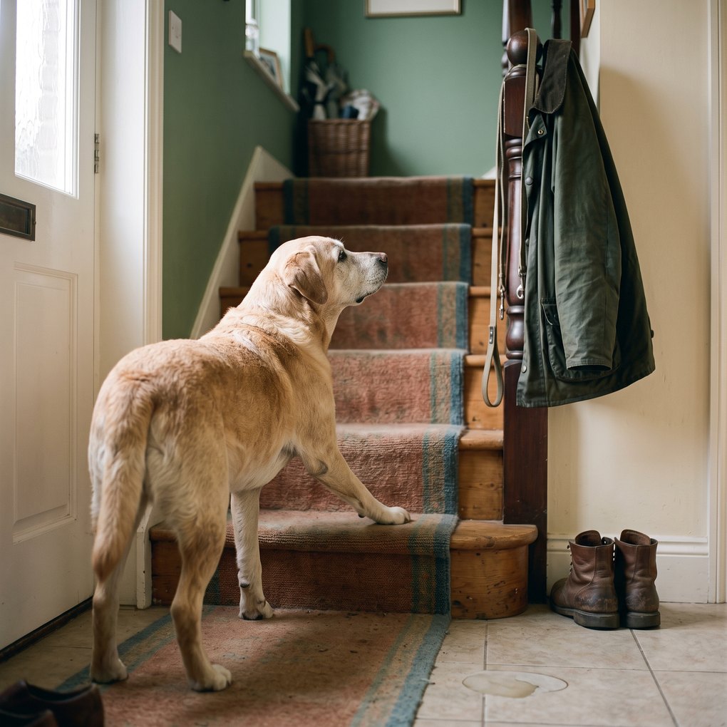 An old yellow labrador stopped at the foot of a carpeted staircase in a hallway, one front paw on the first tread and head up, seen from behind at dog height, boots and a coat by the door.