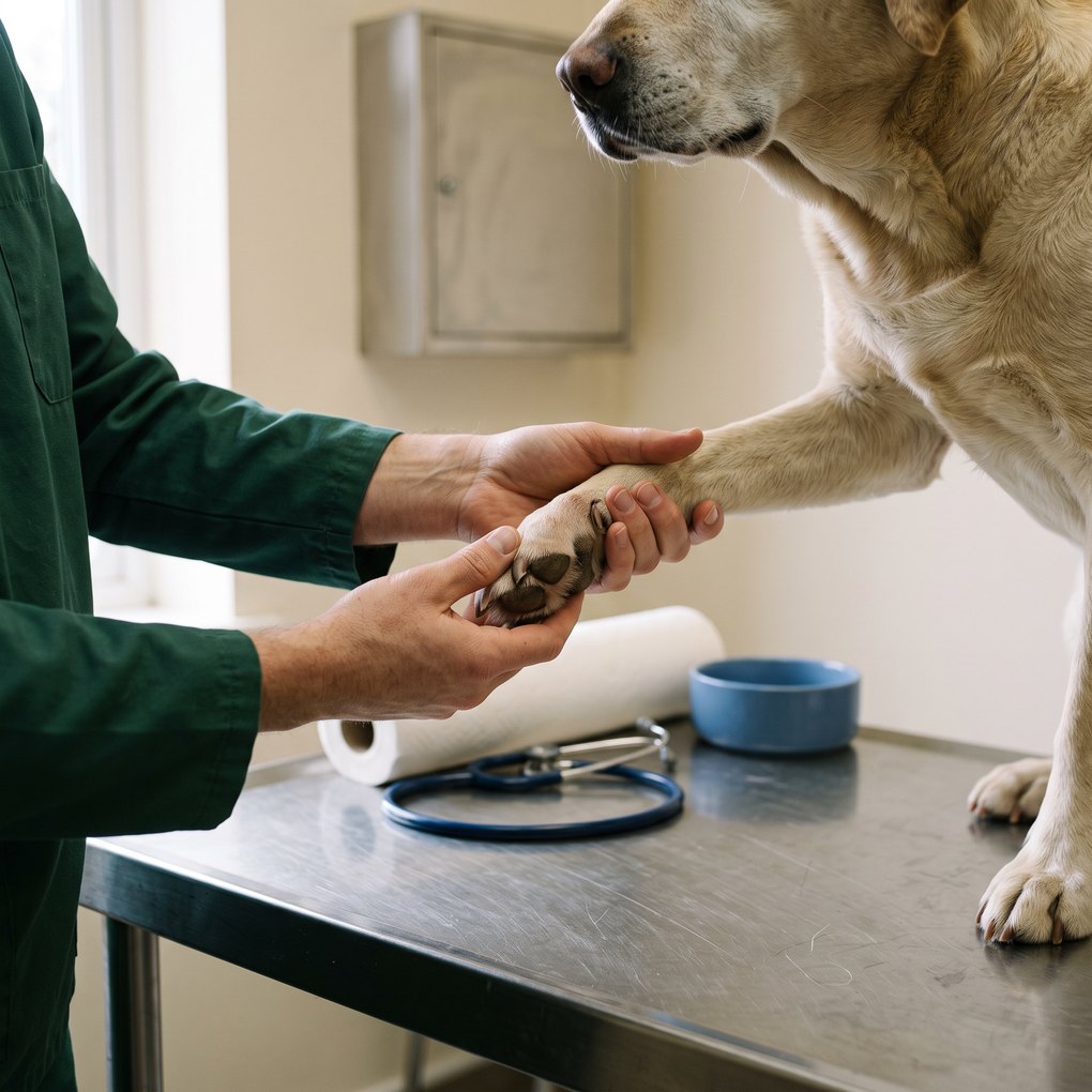 A vet in green scrubs holding an old labrador's front paw turned over on a steel exam table, the dog standing calm, a stethoscope on the table.