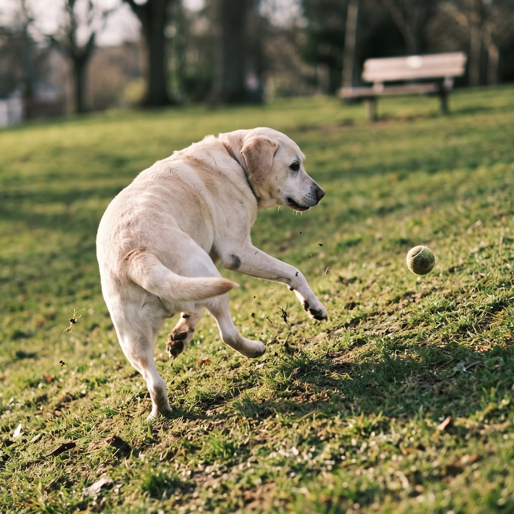An old yellow labrador mid-turn after a tennis ball on a grassy park slope, body twisted and one back leg planted, grass flying, a bench behind.