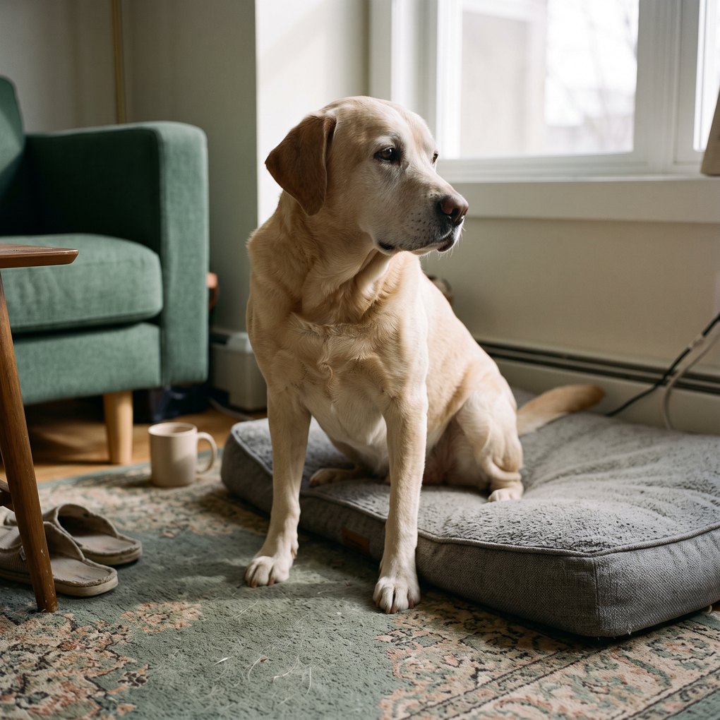 An old yellow labrador halfway up from her bed on a living room floor, front legs straight and back end still down on the cushion, slippers and a mug nearby.