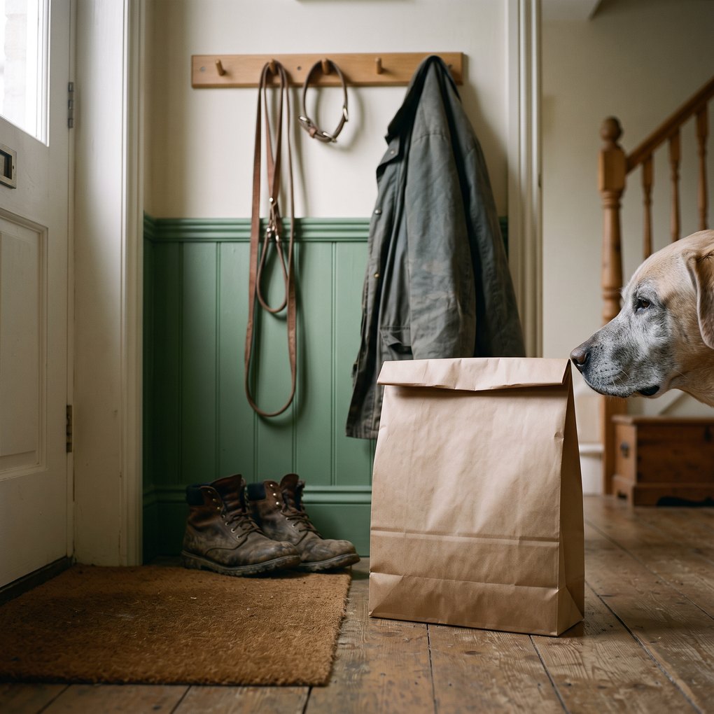 A plain kraft stand-up bag on the floor under coat hooks by a front door, a leash and collar and a waxed coat hanging above, muddy boots on the mat, a dog's nose entering the frame.