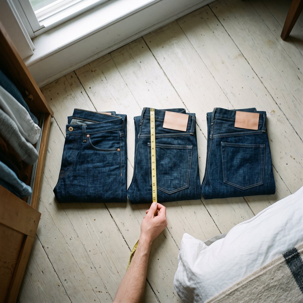 Three pairs of indigo jeans folded flat side by side on a bedroom floor, waistbands lined up along one edge, a hand holding a cloth tape measure across the middle pair.
