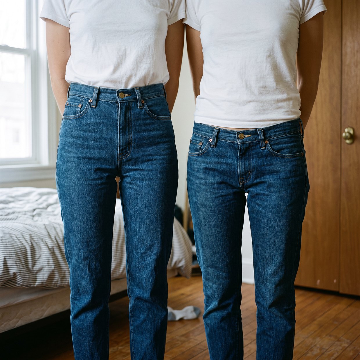 Two people side by side in a bedroom, cropped from the chest to the thighs, both in white tees and indigo jeans, one waistband high at the natural waist and the other low on the hip.