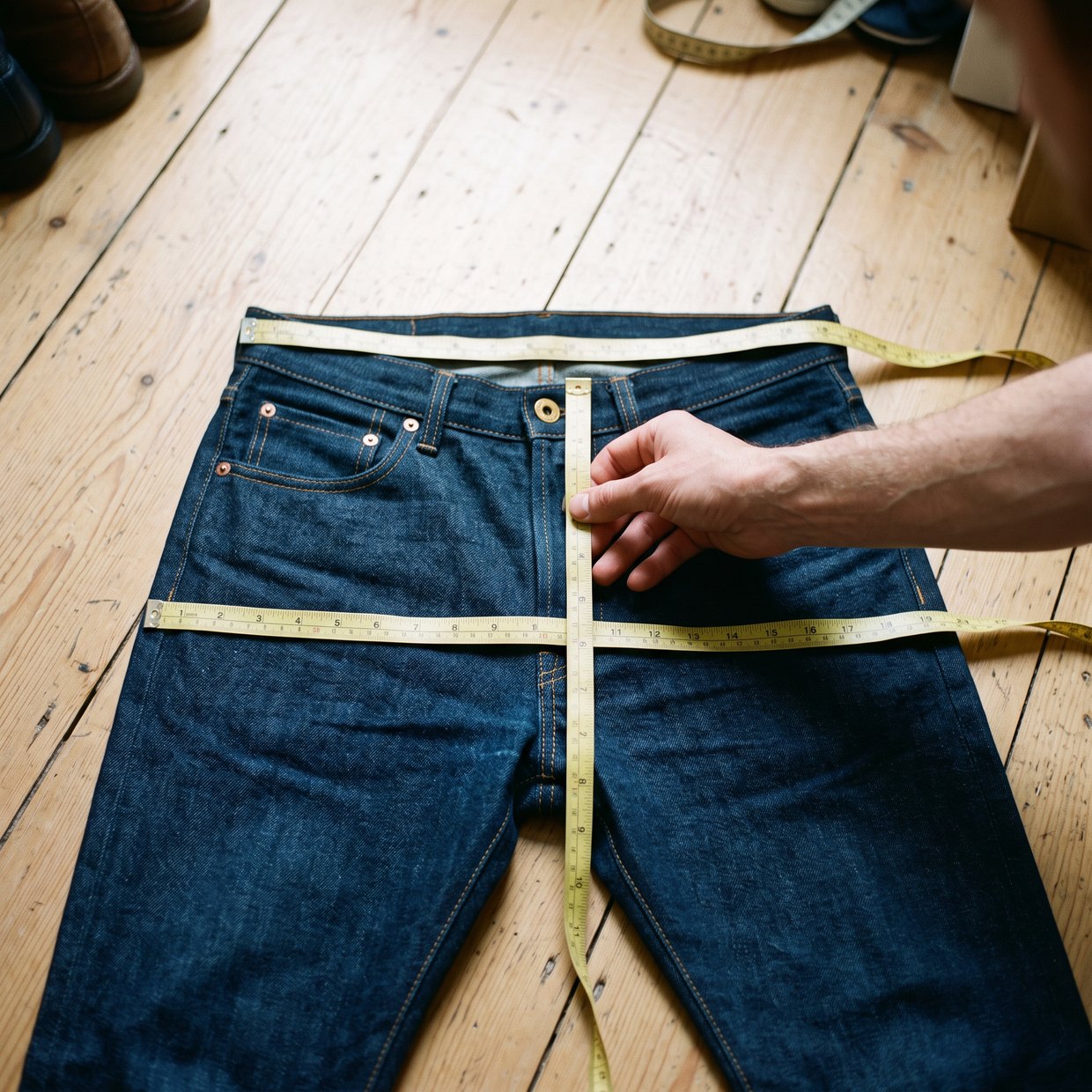A pair of indigo jeans laid flat on a wooden bedroom floor from straight above, a yellow tape across the waistband, another across the hip, and a hand holding a third tape upright from the crotch seam to the top of the band.
