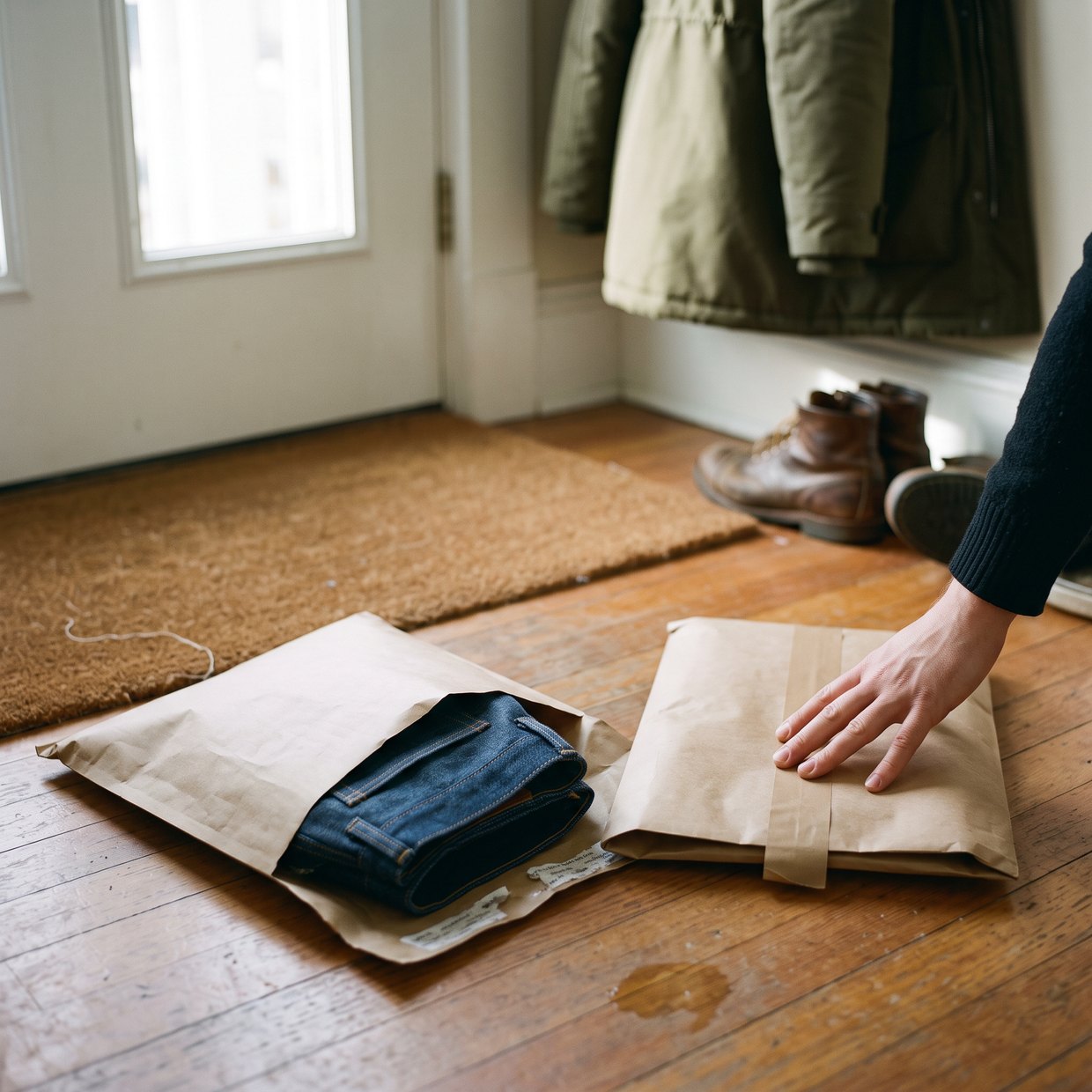 By a front door: an opened kraft mailer with a folded pair of jeans half out and, beside it, the same mailer re-taped, a hand pressing the tape down, boots on the mat behind.