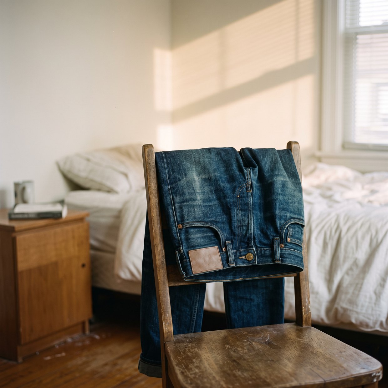 A pair of worn indigo jeans folded over the back of a plain wooden chair in a bedroom corner, bands of morning sun across the wall, an unmade bed behind.